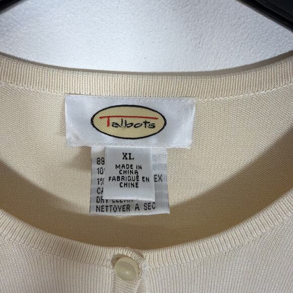 Talbots Silk Button Up Knit Cardigan Size XL Floral Cream Ivory Cottage Vintage - Picture 3 of 8